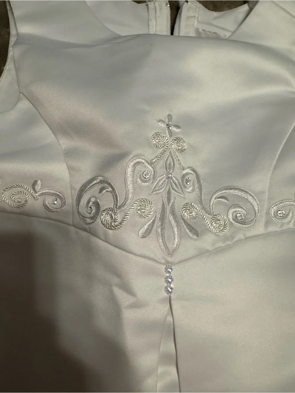 David's Bridal White Satin Flower Girl Dress with Appliqué